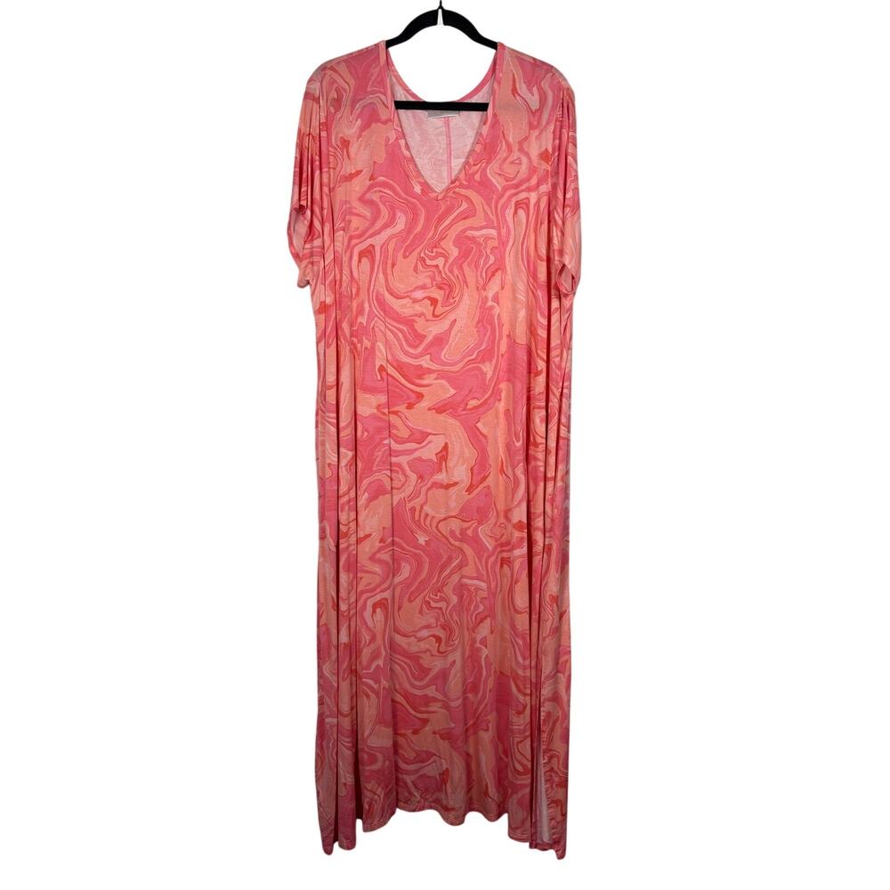 Belle By Kim Gravel Pink Peach Marble Swirl V-Neck Short Sleeve Maxi Dress 3X P